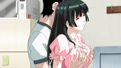 Short-haired brunette with big tits plays with cock