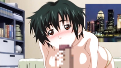 Short-haired brunette with big tits plays with cock