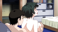 Short-haired brunette with big tits plays with cock