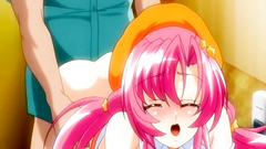 Pink-haired hentai cutie doggy-style fucked on her knees