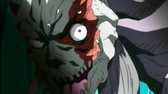 Hot black-haired naked girl covered with a monster's cum