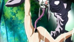 Hot black-haired naked girl covered with a monster's cum