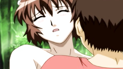 Busty hentai lady among many hard cocks