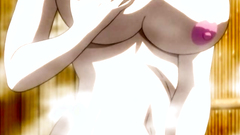 Busty hentai lady among many hard cocks