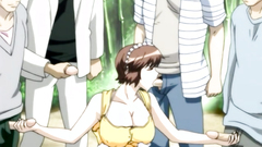 Busty hentai lady among many hard cocks