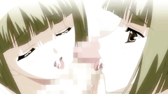 Two hentai twins sharing one cock on their knees