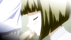 Two hentai twins sharing one cock on their knees