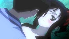 Young lover squeezes her boobies in the bushes