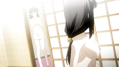 Petite naked brunette babe rides boyfriend's rod