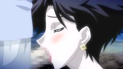 Handsome brunette lady swallows thick cock on her knees