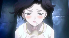 Handsome brunette lady swallows thick cock on her knees