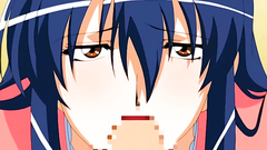 Brunette anime girl swallows cock on her knees