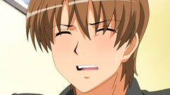 Brunette anime girl swallows cock on her knees