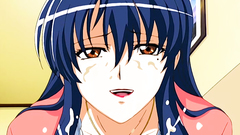 Brunette anime girl swallows cock on her knees