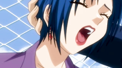 Adorable anime lady with short hair and big tits covered with cum