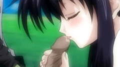 Sweet anime brunette blows cock on her knees