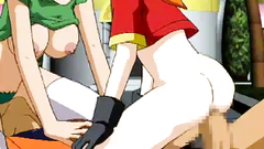 Two busty babes ride big hard cock in animated 3some fuck