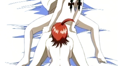 Threesome fuck with slender anime teens in the bedroom