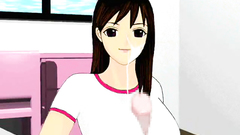 Brunette girl strokes hard cock with her boobies