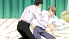 Two handsome gays kisses each other in the bedroom