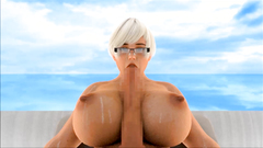 Big breasted futanari slut coveres herself with cum