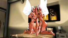 Two naked and busty angels sucking one giant dick