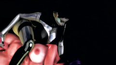 Robot babe with big tits strokes other babe's cock