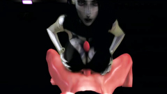 Robot babe with big tits strokes other babe's cock