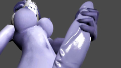 Purple-skinned babe with giant cock touches herself