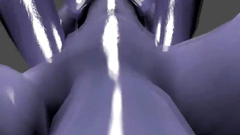 Purple-skinned babe with giant cock touches herself