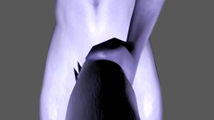 Purple-skinned babe with giant cock touches herself