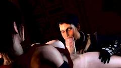 Handsome babe in stockings plays with two huge dicks