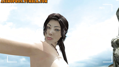 Naked busty brunette films herself on the beach