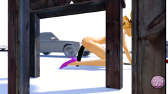 3D babe on high heels masturbates her cunt with a toy