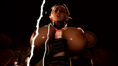 Big breasted elf jerks off cock till jizz shot