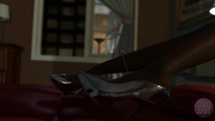 Handsome brunette in black stockings spreads her legs wide open