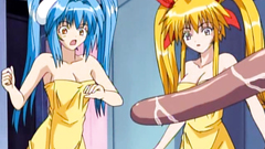 Handsome and young anime girls surprised by monsters