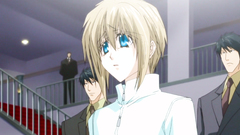 Handsome blonde teen with big blue eyes in anime toon