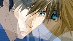 Handsome blonde teen with big blue eyes in anime toon