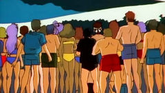 Old school anime toon with bikini beach babes