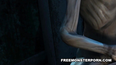 Two evil zombies sharing one naked chick between their cocks