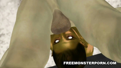 Tied up busty babe can't say "NO" to the monster